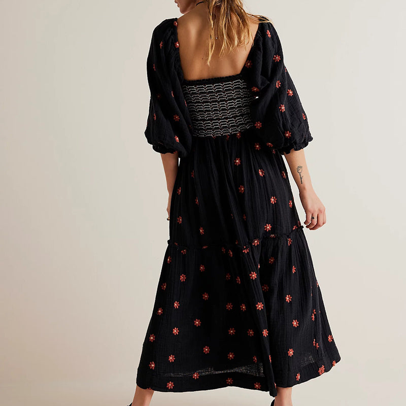 Vestido longo estilo praiano com babados e corte A, estilo boêmio, floral, feminino, gola quadrada, manga comprida, vestido para festa e boate