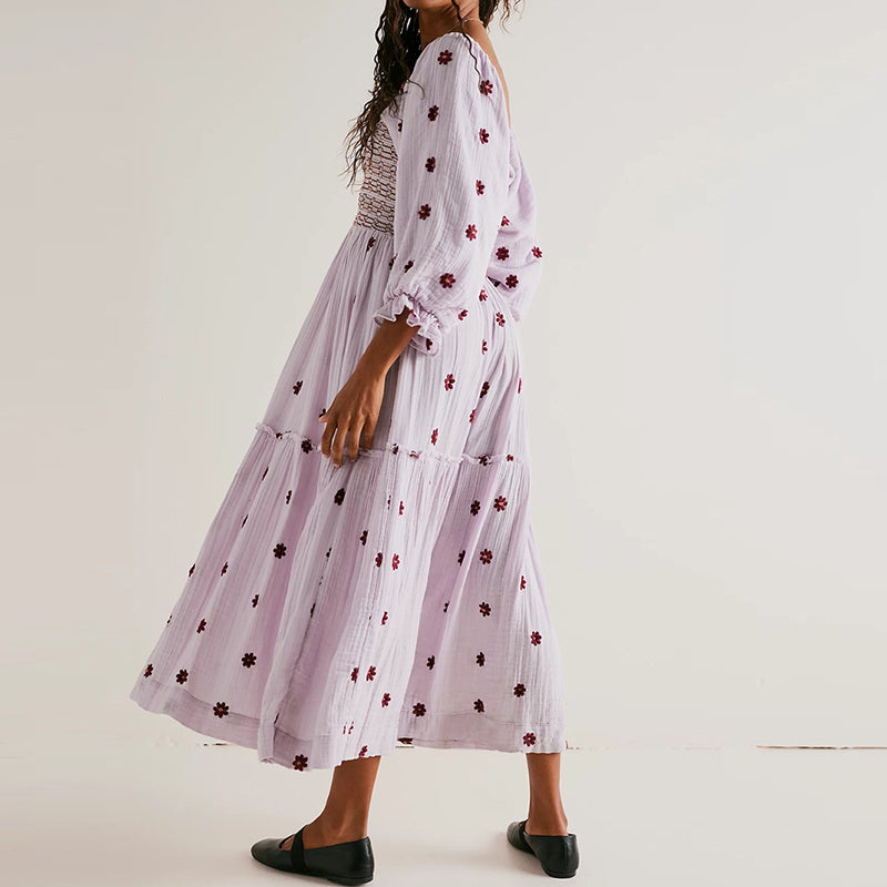 Vestido longo estilo praiano com babados e corte A, estilo boêmio, floral, feminino, gola quadrada, manga comprida, vestido para festa e boate