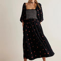 Vestido longo estilo praiano com babados e corte A, estilo boêmio, floral, feminino, gola quadrada, manga comprida, vestido para festa e boate