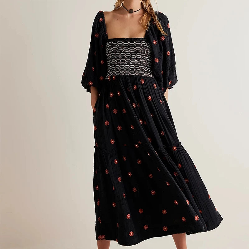Vestido longo estilo praiano com babados e corte A, estilo boêmio, floral, feminino, gola quadrada, manga comprida, vestido para festa e boate