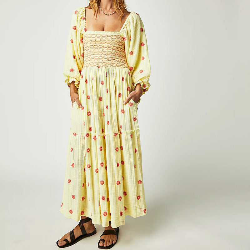 Vestido longo estilo praiano com babados e corte A, estilo boêmio, floral, feminino, gola quadrada, manga comprida, vestido para festa e boate