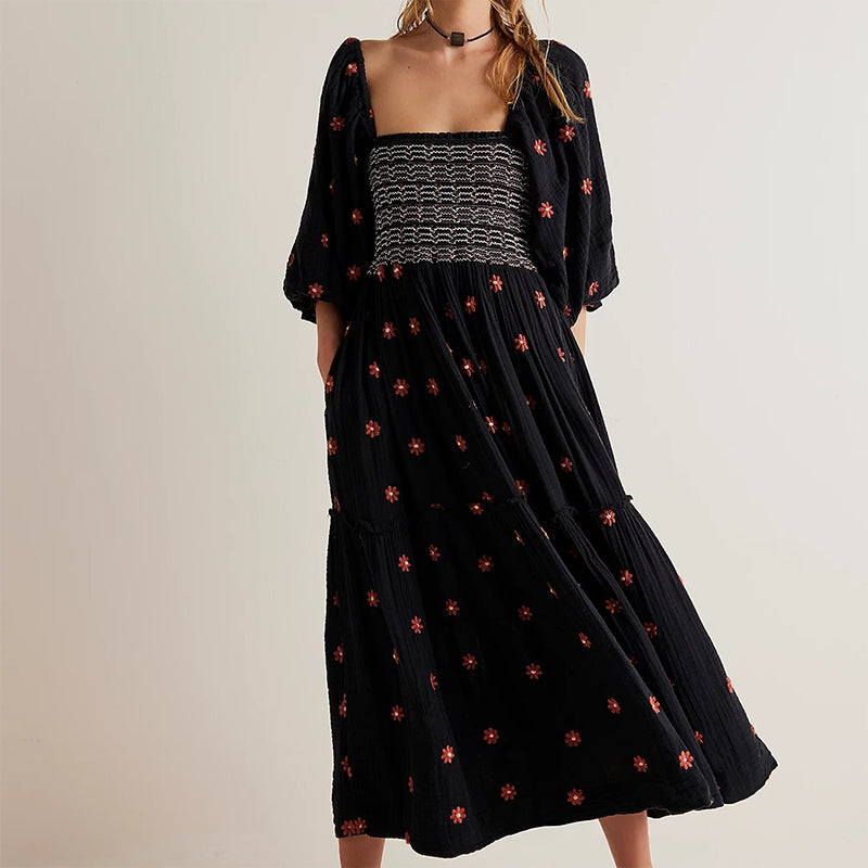 Vestido longo estilo praiano com babados e corte A, estilo boêmio, floral, feminino, gola quadrada, manga comprida, vestido para festa e boate