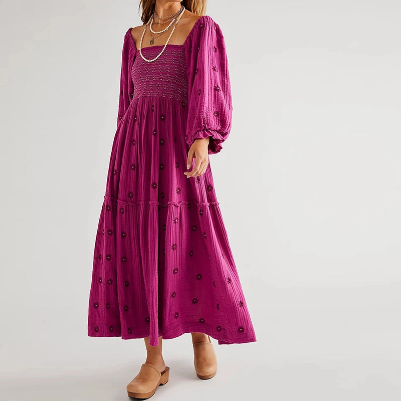 Vestido longo estilo praiano com babados e corte A, estilo boêmio, floral, feminino, gola quadrada, manga comprida, vestido para festa e boate