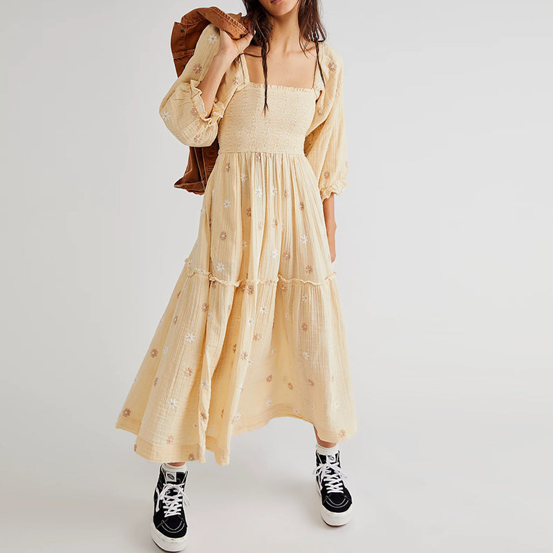 Vestido longo estilo praiano com babados e corte A, estilo boêmio, floral, feminino, gola quadrada, manga comprida, vestido para festa e boate
