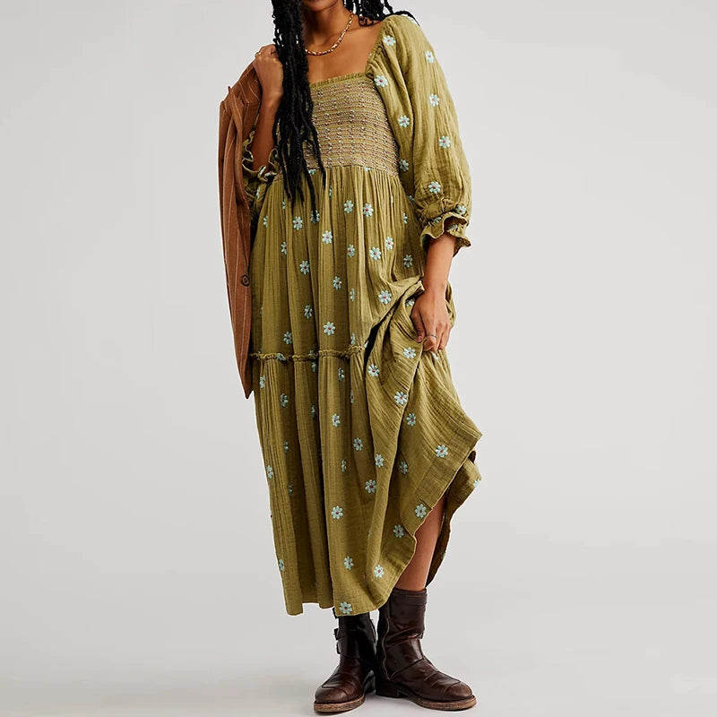 Vestido longo estilo praiano com babados e corte A, estilo boêmio, floral, feminino, gola quadrada, manga comprida, vestido para festa e boate