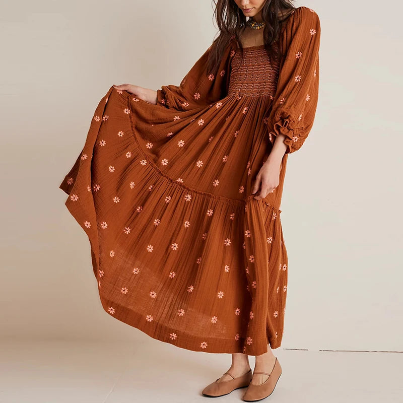 Vestido longo estilo praiano com babados e corte A, estilo boêmio, floral, feminino, gola quadrada, manga comprida, vestido para festa e boate
