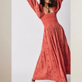 Vestido longo estilo praiano com babados e corte A, estilo boêmio, floral, feminino, gola quadrada, manga comprida, vestido para festa e boate