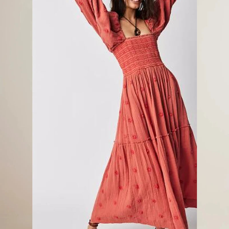 Vestido longo estilo praiano com babados e corte A, estilo boêmio, floral, feminino, gola quadrada, manga comprida, vestido para festa e boate