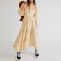 Vestido longo estilo praiano com babados e corte A, estilo boêmio, floral, feminino, gola quadrada, manga comprida, vestido para festa e boate