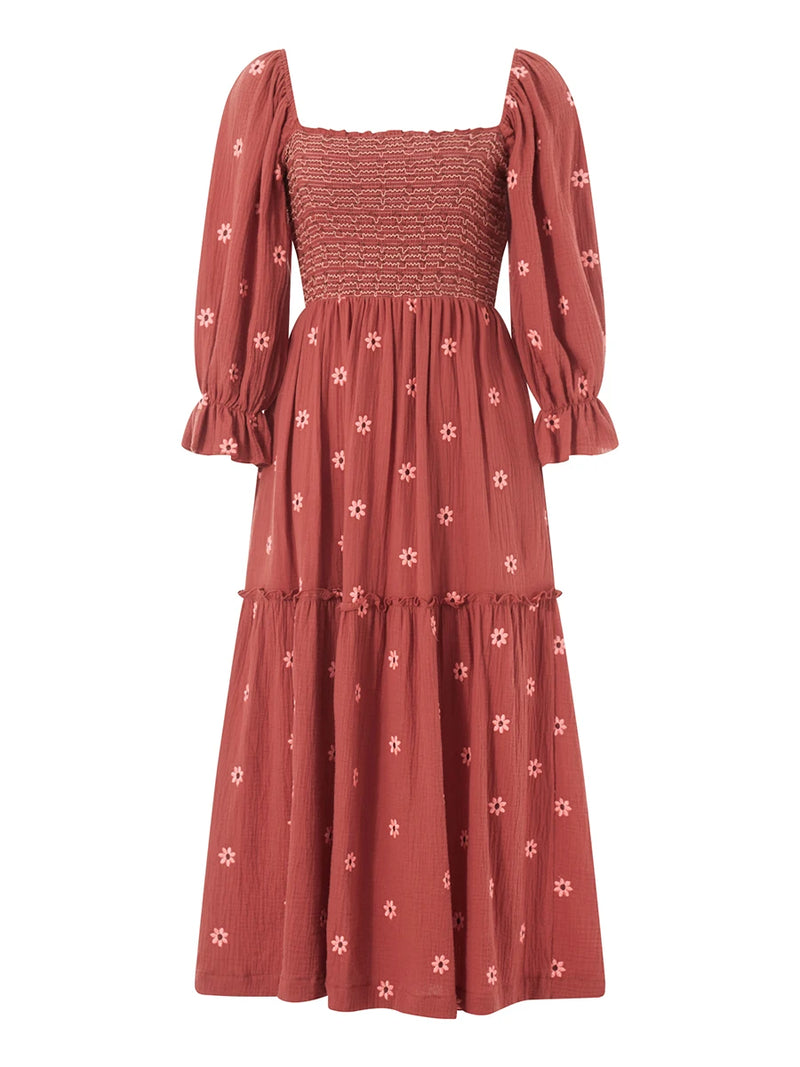 Vestido longo estilo praiano com babados e corte A, estilo boêmio, floral, feminino, gola quadrada, manga comprida, vestido para festa e boate