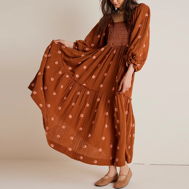 Vestido longo estilo praiano com babados e corte A, estilo boêmio, floral, feminino, gola quadrada, manga comprida, vestido para festa e boate