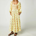 Vestido longo estilo praiano com babados e corte A, estilo boêmio, floral, feminino, gola quadrada, manga comprida, vestido para festa e boate