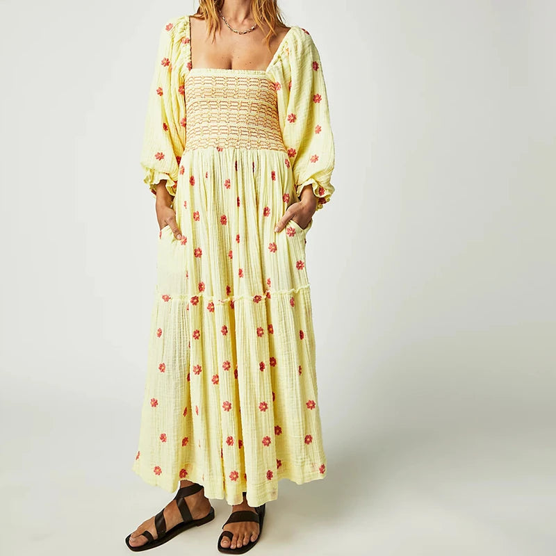 Vestido longo estilo praiano com babados e corte A, estilo boêmio, floral, feminino, gola quadrada, manga comprida, vestido para festa e boate