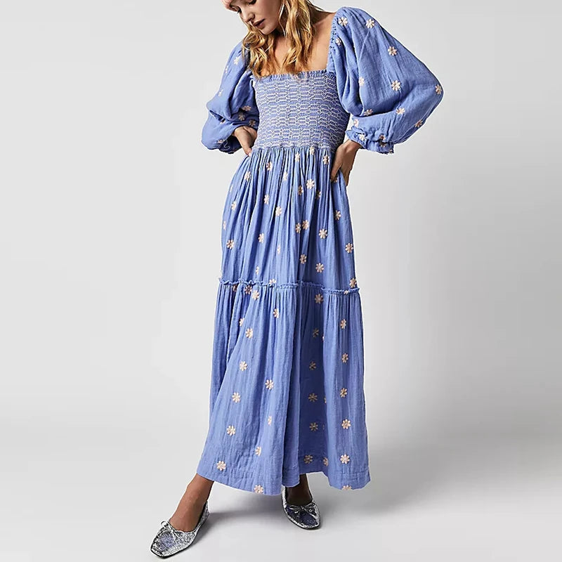 Vestido longo estilo praiano com babados e corte A, estilo boêmio, floral, feminino, gola quadrada, manga comprida, vestido para festa e boate