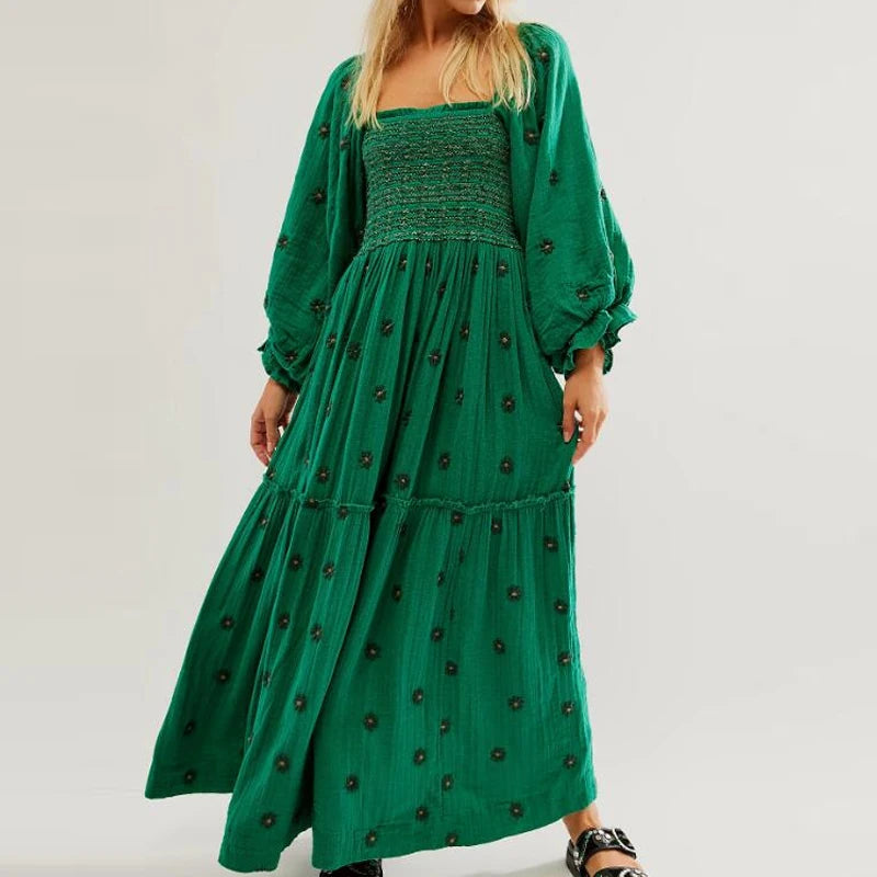 Vestido longo estilo praiano com babados e corte A, estilo boêmio, floral, feminino, gola quadrada, manga comprida, vestido para festa e boate