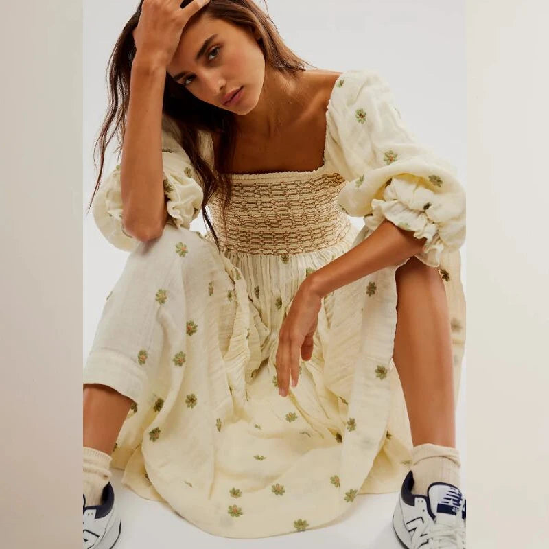 Vestido longo estilo praiano com babados e corte A, estilo boêmio, floral, feminino, gola quadrada, manga comprida, vestido para festa e boate