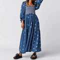 Vestido longo estilo praiano com babados e corte A, estilo boêmio, floral, feminino, gola quadrada, manga comprida, vestido para festa e boate