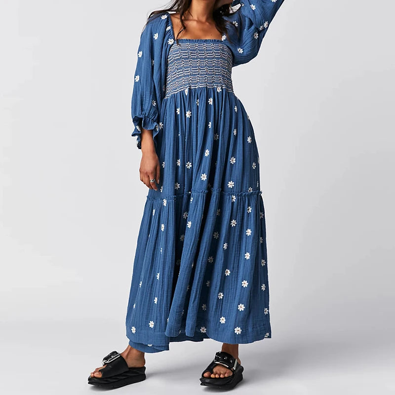 Vestido longo estilo praiano com babados e corte A, estilo boêmio, floral, feminino, gola quadrada, manga comprida, vestido para festa e boate