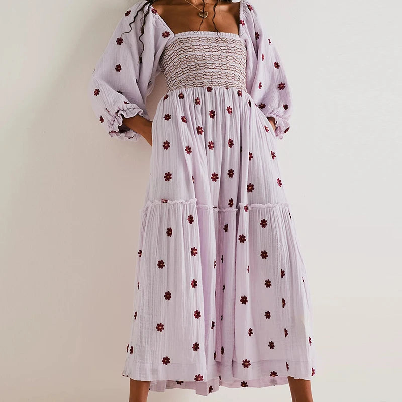 Vestido longo estilo praiano com babados e corte A, estilo boêmio, floral, feminino, gola quadrada, manga comprida, vestido para festa e boate