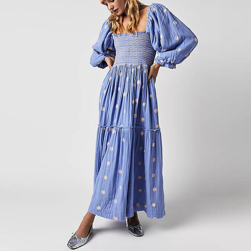 Vestido longo estilo praiano com babados e corte A, estilo boêmio, floral, feminino, gola quadrada, manga comprida, vestido para festa e boate