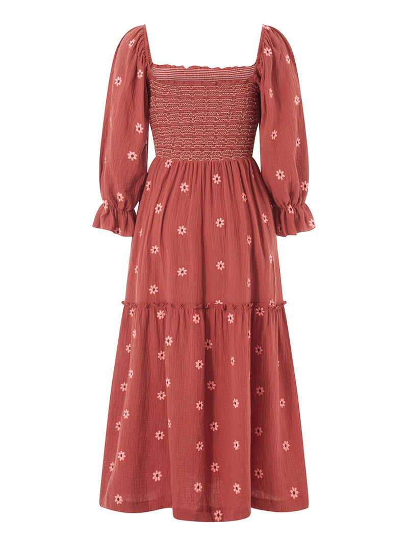 Vestido longo estilo praiano com babados e corte A, estilo boêmio, floral, feminino, gola quadrada, manga comprida, vestido para festa e boate